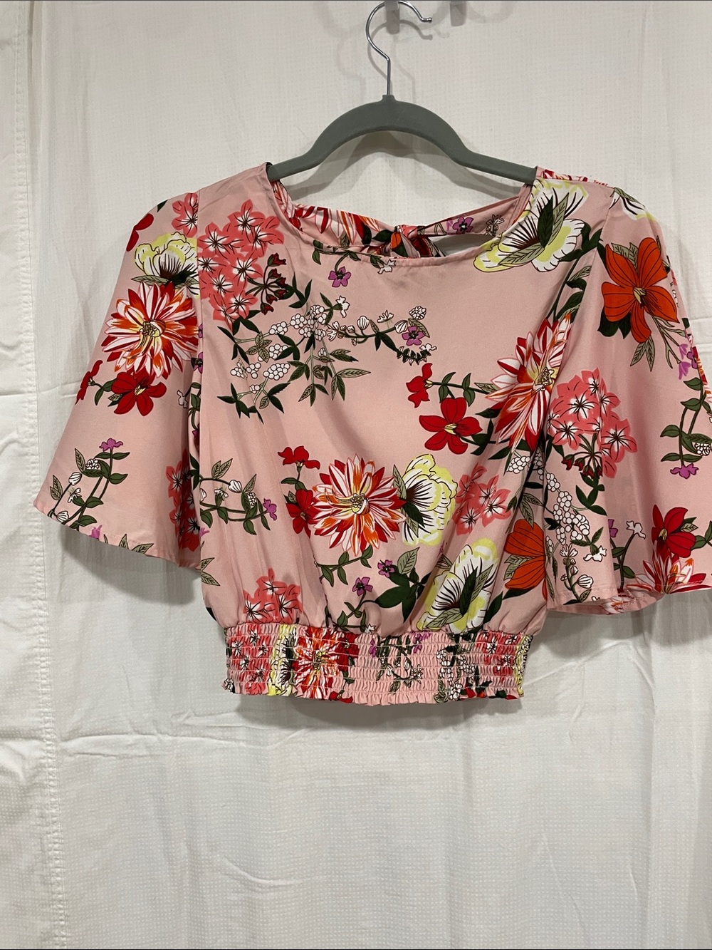 True Destiny Pink Floral Smocked Hem Flutter Crop Top